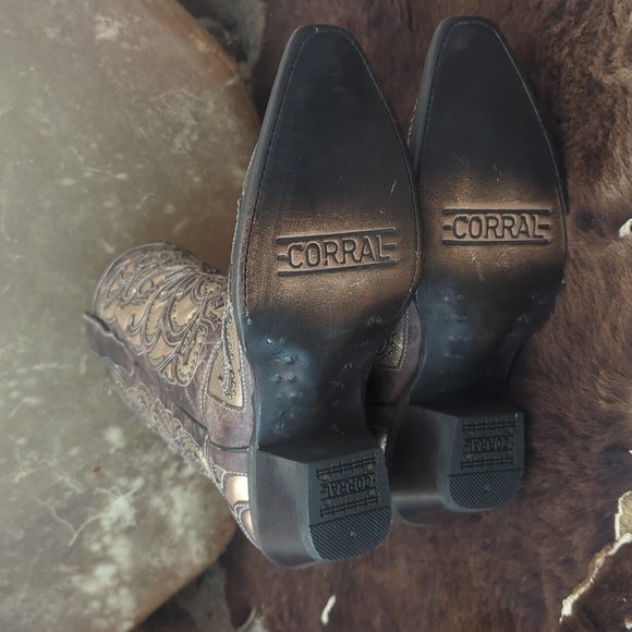CORRAL E1594 distressed brown leather snip toe cowgirl boots metallic inlay sz 8 - Picture 15 of 16